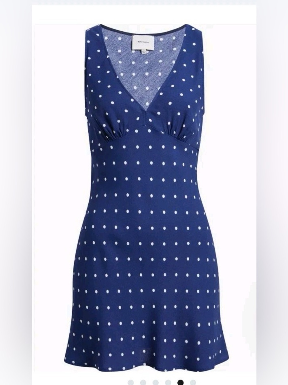 Reformation Calix Navy Blue and Polka Dot Mini Dress